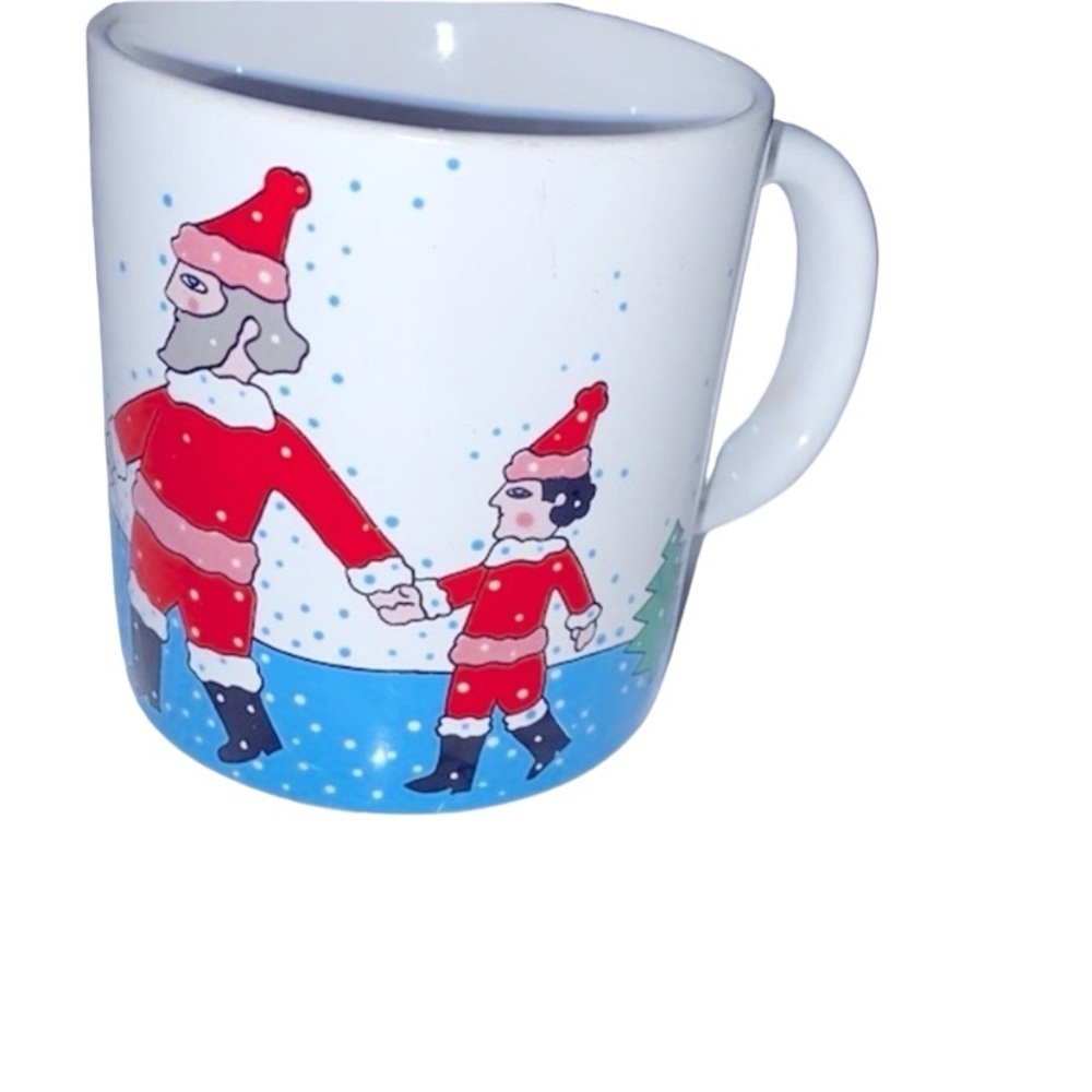 Vintage Santa and elf ceramic Christmas cofffee mug